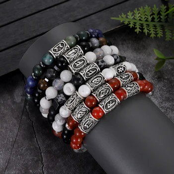 Nordische Runen-Perlen Naturstein-Armband für Männer Wikinger-Accessoires Handgefertigte Klassische