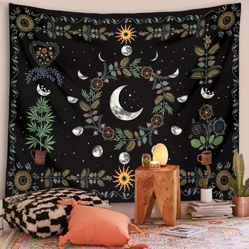 Mondphase Blumen teppich Wandbehang himmlische Blume Sonne Mond sternen klare schwarze Böhmen Mandala