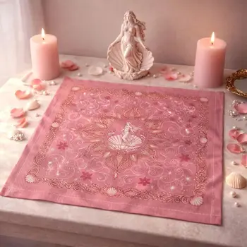 Tarot-Altartuch, rosa, Aphrodite, Venus, Göttin, Muschel, Blumenmuster, Hexenmuster, Wahrsageunterlage