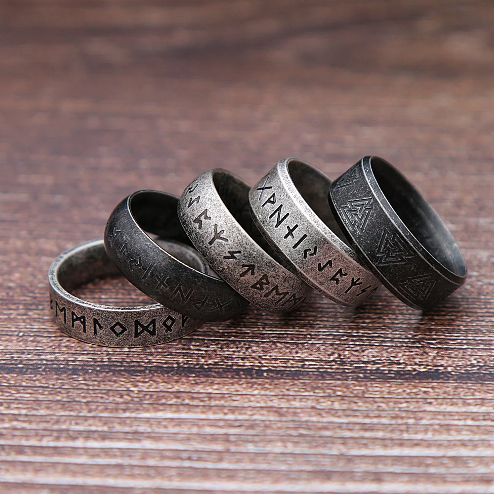 Mode Retro Viking Rune Ring für Männer Frauen 316L Edelstahl Odin Brief Ringe Paar Einfache Amulett Schmuck