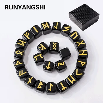 Set mit natürlichen Trommelkristall-Runen-Steinen, Amethyst, schwarzer Obsidian, Wikinger-Runen (25 Stück)