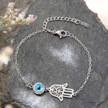 Dawapara Hamsa Böser Blick Armband Hand der Fatima Schutz-Talisman Glücksbringer Edelstahl-Schmuck