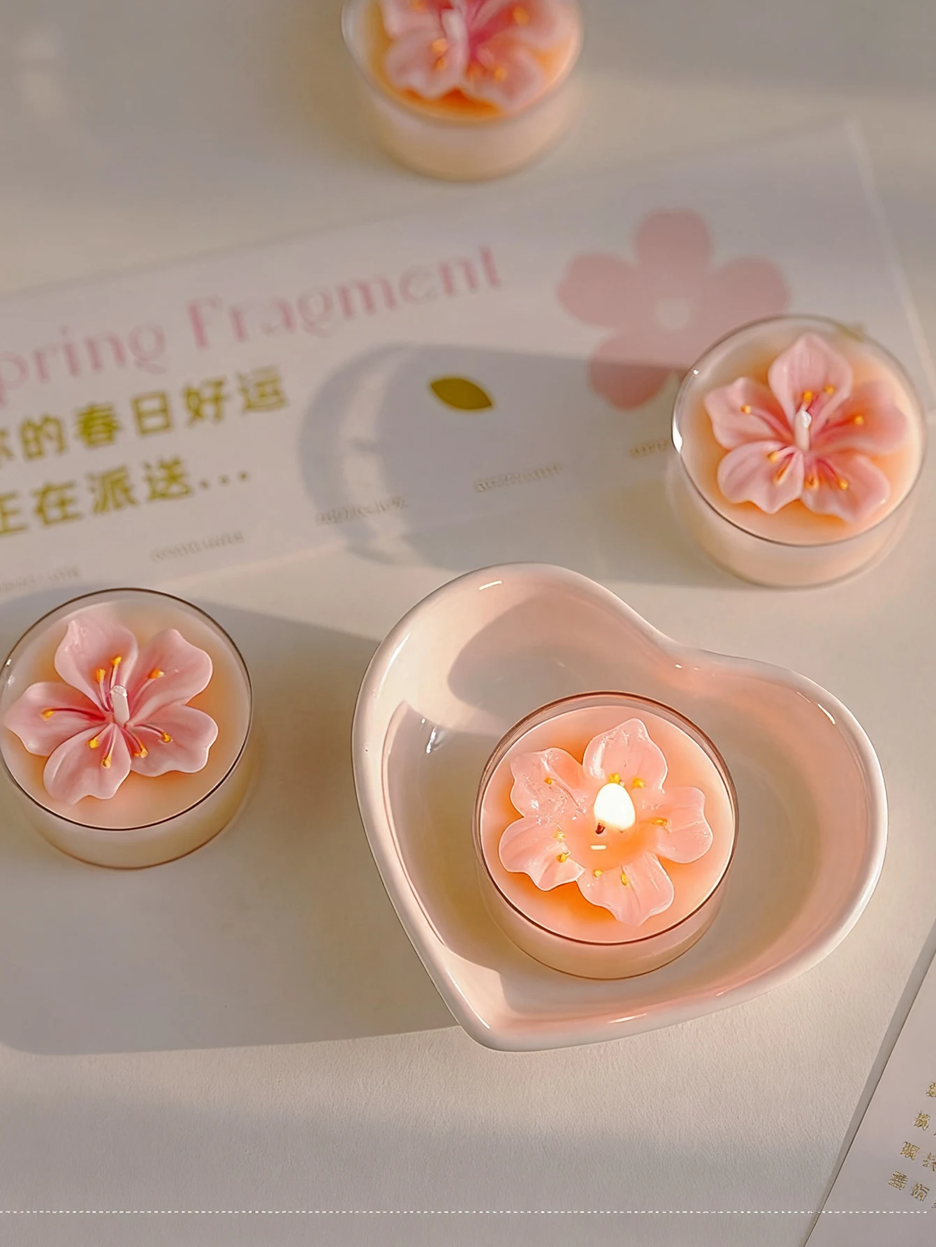 Box rosa Pfirsichblüten-Duftkerzen, Valentinstagsdekoration, Raumdekoration, Geschenke für Frauen (4 Stück)