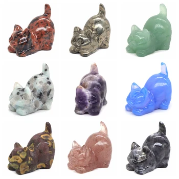 Geschnitzte Kristall-Katzen-Tierfigur, natürlicher Reiki-Stein, Amethyst, 30 mm, Mini-Kitty-Statue, Handwerk