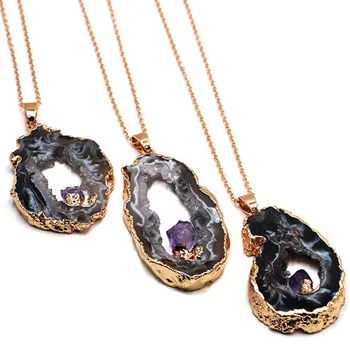 Unregelmäßige Form natürlichen Achat Quarz Geode Druzy Anhänger mittlere Inlay Amethyst Charm Schmuck