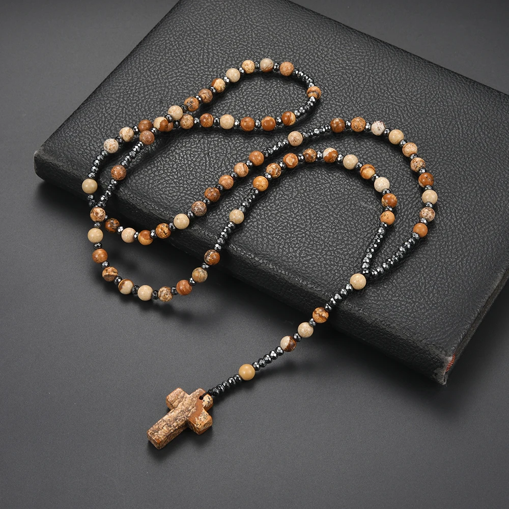 Natürlicher Edelstein, 6 mm, runde Perlen, Kreuz-Anhänger-Halskette für Männer und Frauen, Rosenkranz-Geschenk