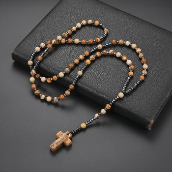 Natürlicher Edelstein, 6 mm, runde Perlen, Kreuz-Anhänger-Halskette für Männer und Frauen, Rosenkranz-Geschenk