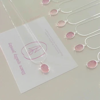 925 Sterling Silber rosa Kristall Mondstein Halskette für Frauen modische und einfache ovale Anhänger