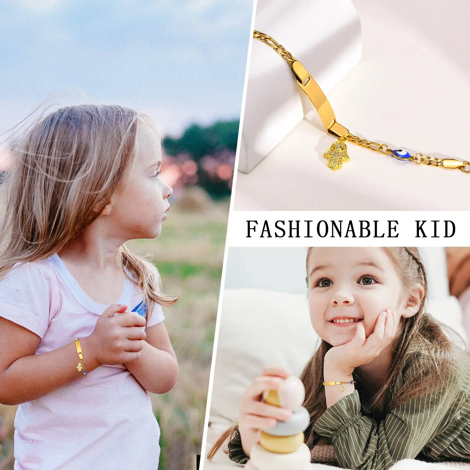 Hamsa Evil Eye Kettenarmband für kleine Jungen und Mädchen, graviertes – Bild 2