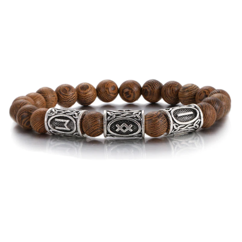 Nordisches Wikinger-Runen-Naturstein-Armband für Männer, 8 mm, Lava-Obsidian, Türkis, Perlen, Charm-Armreifen