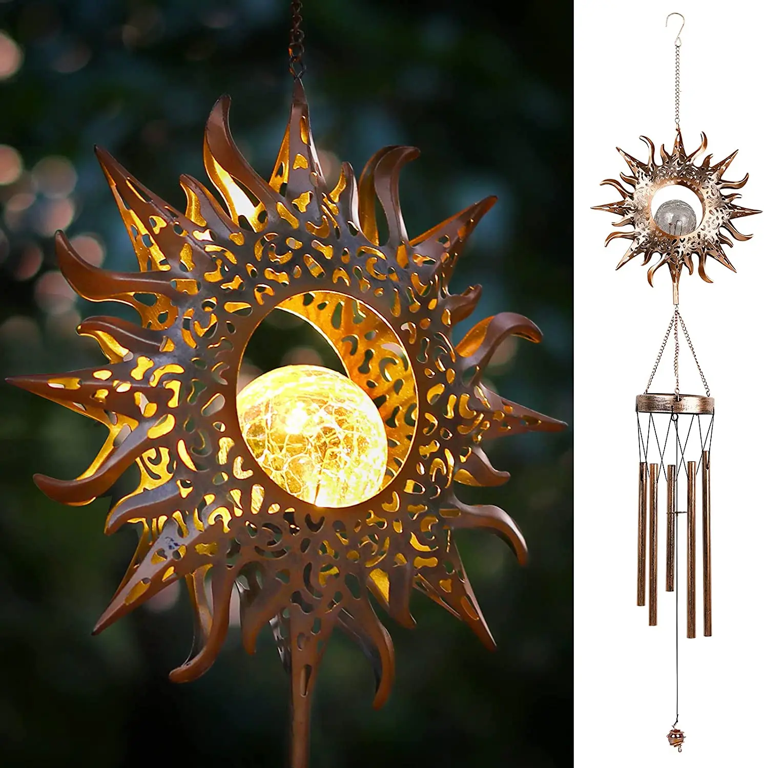 Outdoor Metall Windspiele Mond Sonne Sterne Wind Chime Solar Glowing Einzigartige Wind Glocken für Außerhalb