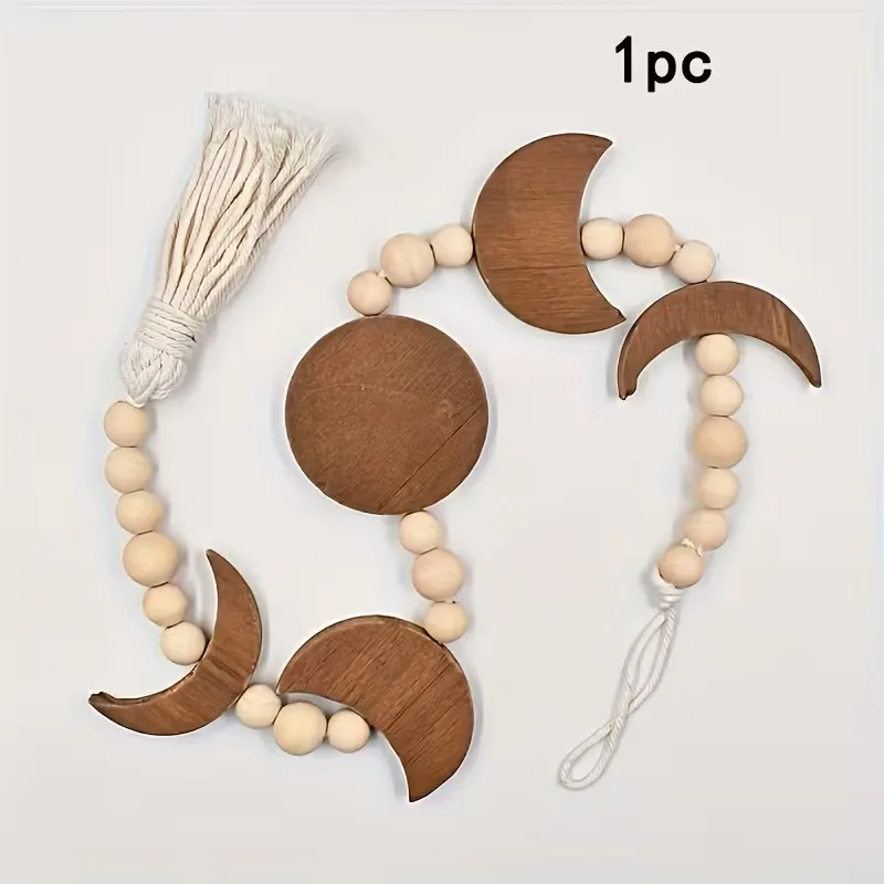 Boho Mondphasen Wandbehang Holzperlen-Girlande mit Quaste für Schlafzimmer Wohnzimmer Kinderzimmer Dekoration