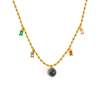 Natürliche Stein-Halskette mit rundem Anhänger für Damen, Edelstahl-Perlenkette mit buntem Zirkon