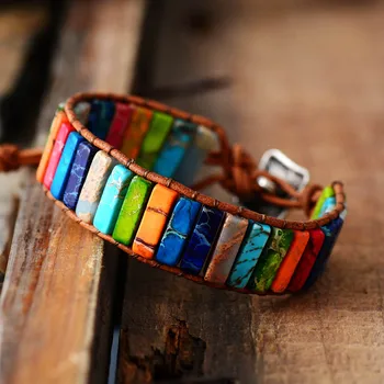 Chakra-Armband, Schmuck, handgefertigt, mehrfarbig, Naturstein, Röhrenperlen, Leder, Wickelarmband, Paare