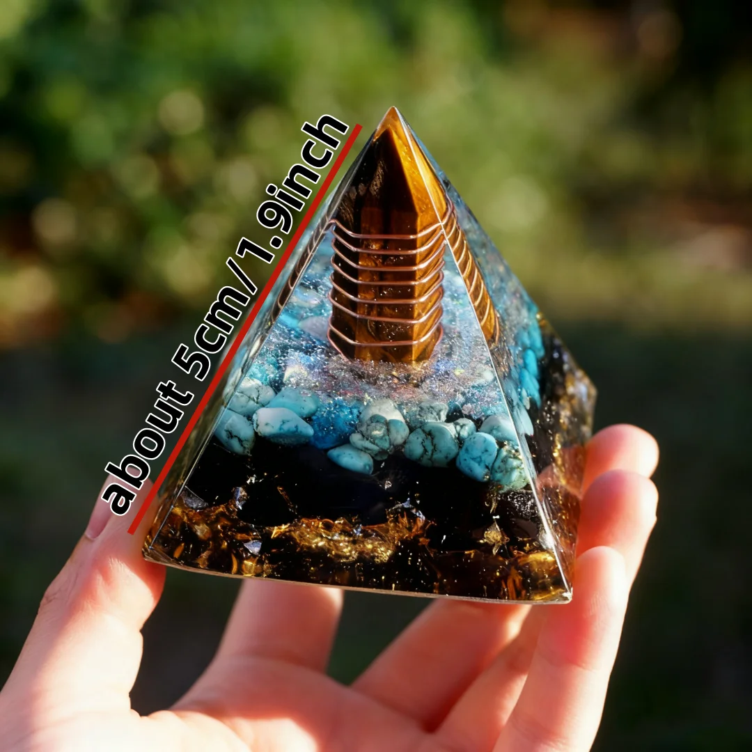 Orgonit-Pyramide Tigerauge-Steine, Türkis mit Obsidian – Bild 2