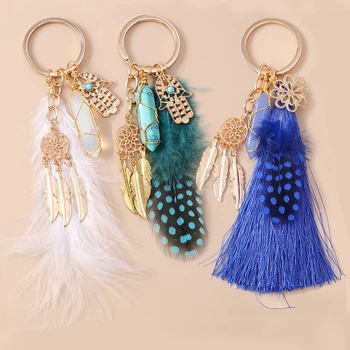 Aihua Boho-Traumfänger-Schlüsselanhänger mit großen Federn für Damen und Mädchen, Handtaschenanhänger