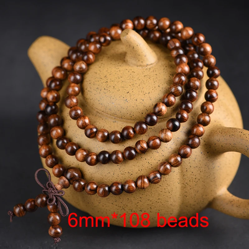 Schwarzes Rosenholz-Armband mit runden Perlen, 108 buddhistische Gebetsperlen, Mala