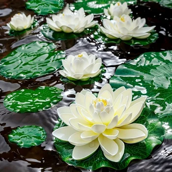 3 Blumen und 3 Blätter Künstlicher Lotus, Realistische Schwimmende Schaum-Lotusblüten, Künstliche