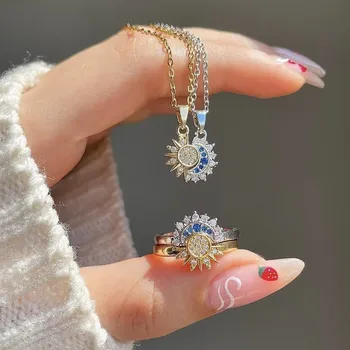 Paar-Halskette mit Sonnen- und Mond-Anhänger und offenem Ring-Geschenkset, Retro-Design, Set mit Diamanten