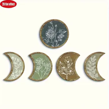 Boho Mondphasen Wanddekor, Botanische Blumen-Mond-Holzkunst mit Nano-Klebeband (5 Stück)