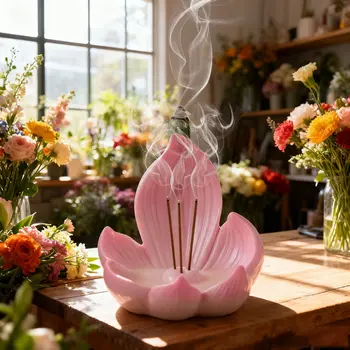 Harz-Lotus-Räucherstäbchenhalter für Räucherstäbchen, handgefertigter rosa Blumen-Räucheraschenfänger