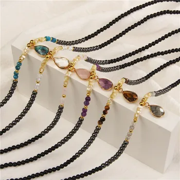 Wassertropfen-Anhänger-Halskette, Naturstein, Quarz-Charm, Hämatit, schwarzer Onyx, Muschelperlen, Halsketten