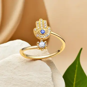 YILUOCD Hamsa Hand verstellbare Ringe Türkischer CZ Evil Eye Ring für Frauen Hand der Fatima Glücksamulett