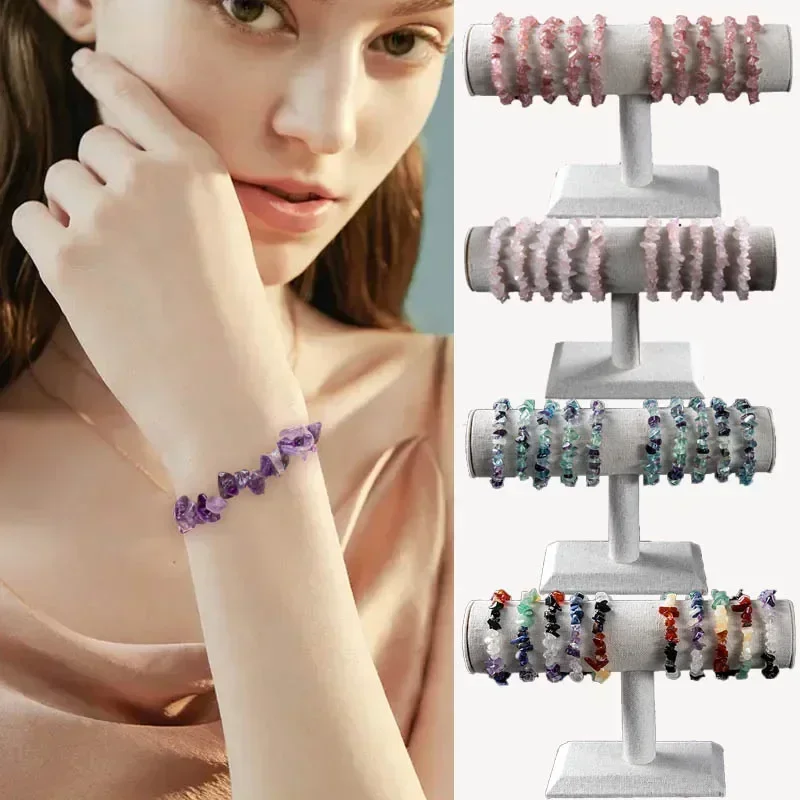 Natürliches Kies-Armband, Stretch-Perlen, Amethyst, Rosenkristall – Bild 3