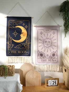 Wandteppich mit Sonne und Mond, Wandbehang, böhmische Kunst, Heimdekoration mit Fransen, lange