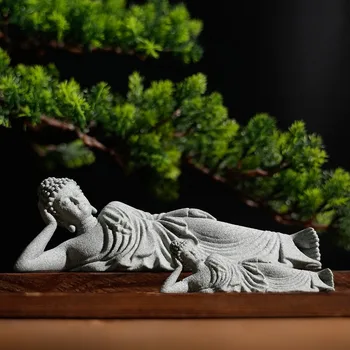 Buddha Liegende meditierende Schnitzstatue Feng Shui Sammlerstücke Figur für Hausgarten Bonsai Aquarium
