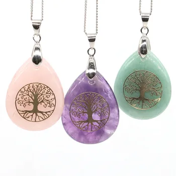 7-Chakra-Stein-Baum des Lebens-Anhänger, natürlicher Wassertropfen, Halsketten, Rosenkristall, rosa Quarz