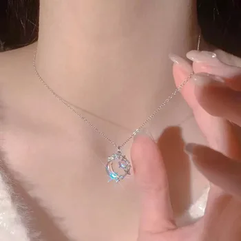 Mode Glänzende Sterne Mond Anhänger Halskette für Frauen Einfache Silber Farbe Mondstein Schlüsselbein Kette