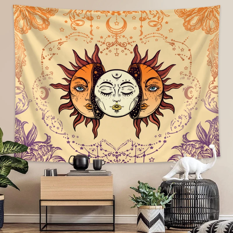 Wandteppich im Sonne, Mond, Hippie-Stil, bunter Mondphasen-Wandteppich, böhmische dekorative Wandbehang