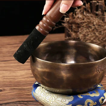 12/18 cm tibetische Klangschale, Holzhammer mit Lederkopf, buddhistische Chakra-Schale, Lederstab