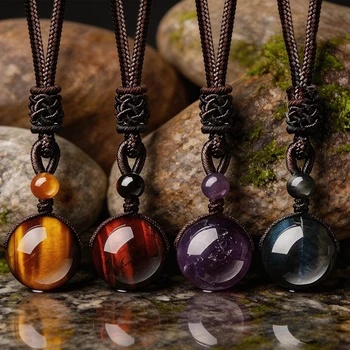 16mm Obsidian Tigerauge Amethyst Herren- und Damen-Halskettenanhänger verstellbares geflochtenes Seil