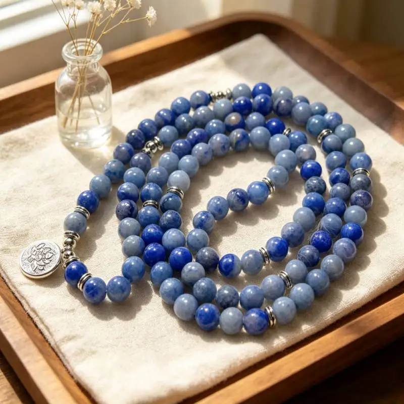 Natürlicher 8mm runder Saphir 108 Perle Lotus Anhänger Mala Armband Energie Edelstahl Reiki natürliches