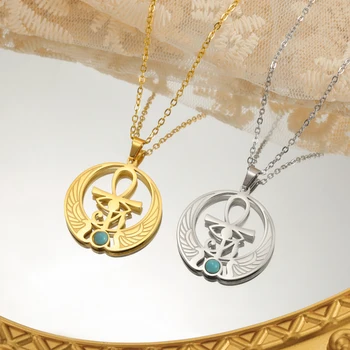 Horus Eye Kreuz Halskette Edelstahl rund blau Edelstein Anhänger Männer und Frauen Gebet Talisman Schmuck