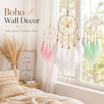 Boho Traumfänger Auto-Hängeornament, Feder-Wanddekoration mit Kristallperlen für Schlafzimmer und Zuhause