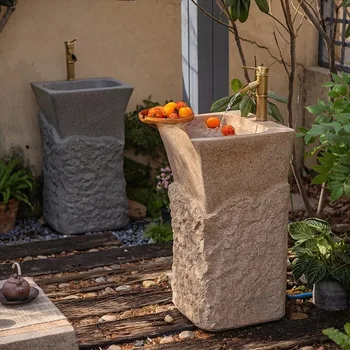 Gartenwaschbecken für den Außenbereich, Säulenwaschbecken in Steinoptik, Bodenwaschbecken als Dekoration