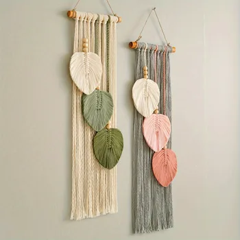 Böhmische Blatt-Makramee-Wandbehänge Handgewebter Wandteppich mit Holzperlen für Boho Wohnzimmer Schlafzimmer