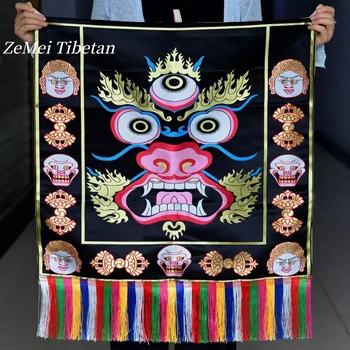 Tibetische Bestickte Tischdecke mit Dreiäugigem Schutzengel, Magische Werkzeugmatte, Buddha-Altarmatte