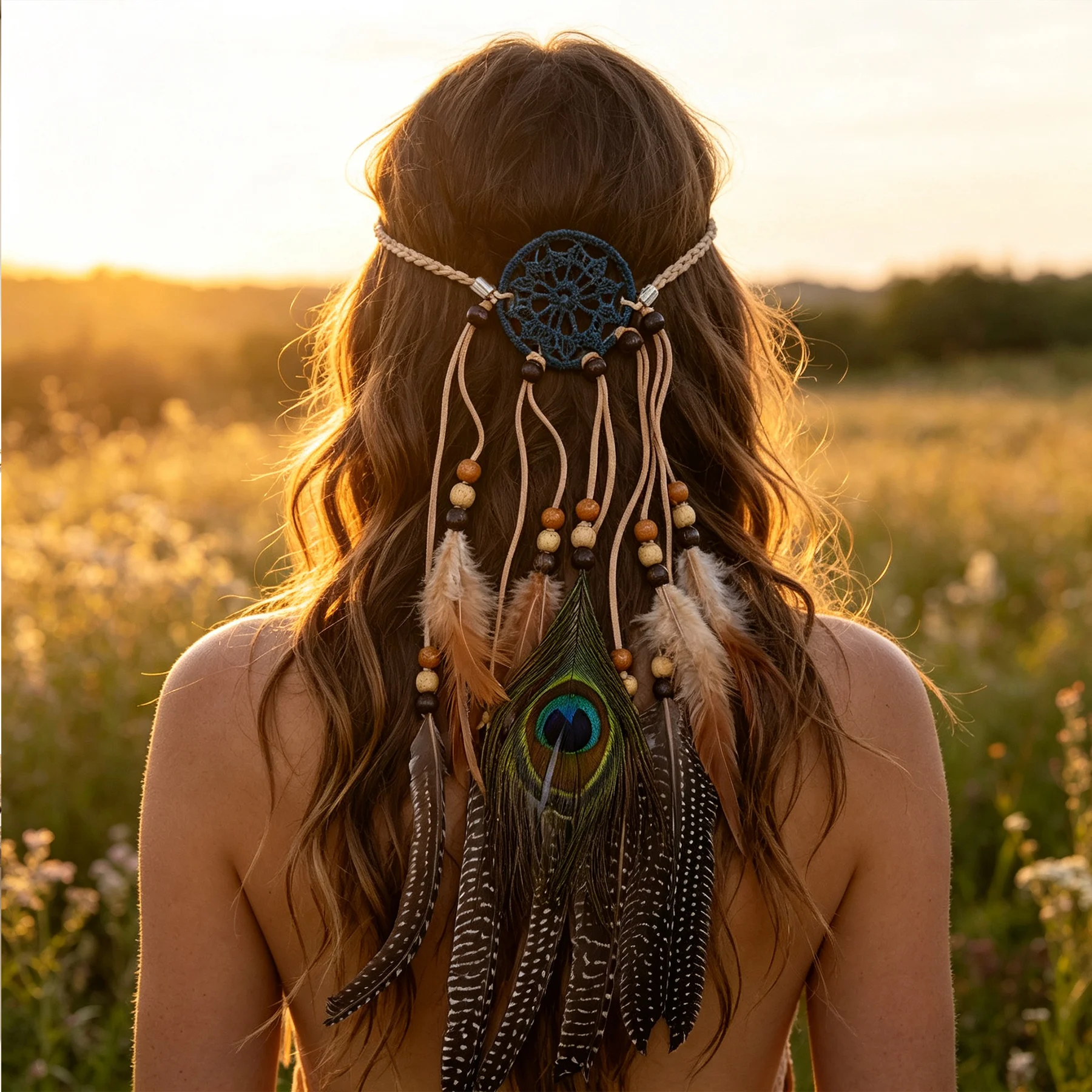 Boho-Traumfänger-Pfauenfeder-Haarband für Damen – Bild 2