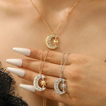 Zirkon Mond Sonne Anhänger Halskette für Damen und Herren Exquisite Schlüsselbeinkette Vintage Einfacher