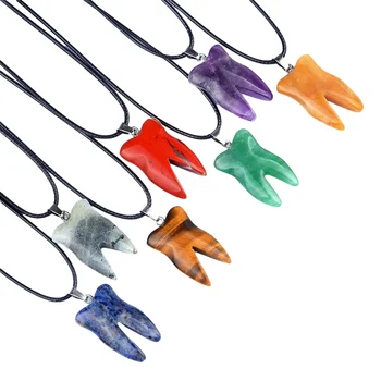 Natürliche Edelstein Zahn kette für Frauen Männer handgemachte geschnitzte Zähne Anhänger Halsreif mit 45cm