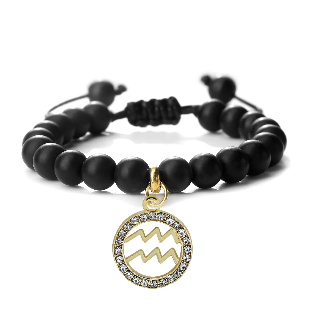 12 Sternzeichen Perlen Armband Charme Sternbild Anhänger Naturstein schwarzer Onyx Frauen Männer Armreifen
