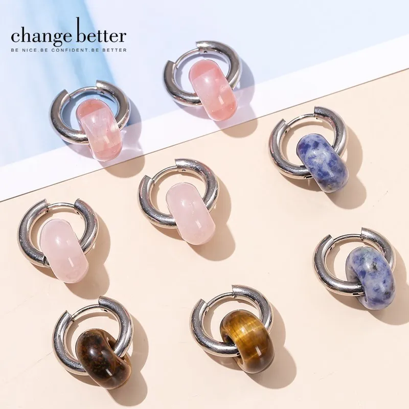 Natürliche Stein Achat Tigerauge Quarz Stein Silber Farbe Ohrringe Frauen Edelstahl Donut Durchbohrt Ohrring