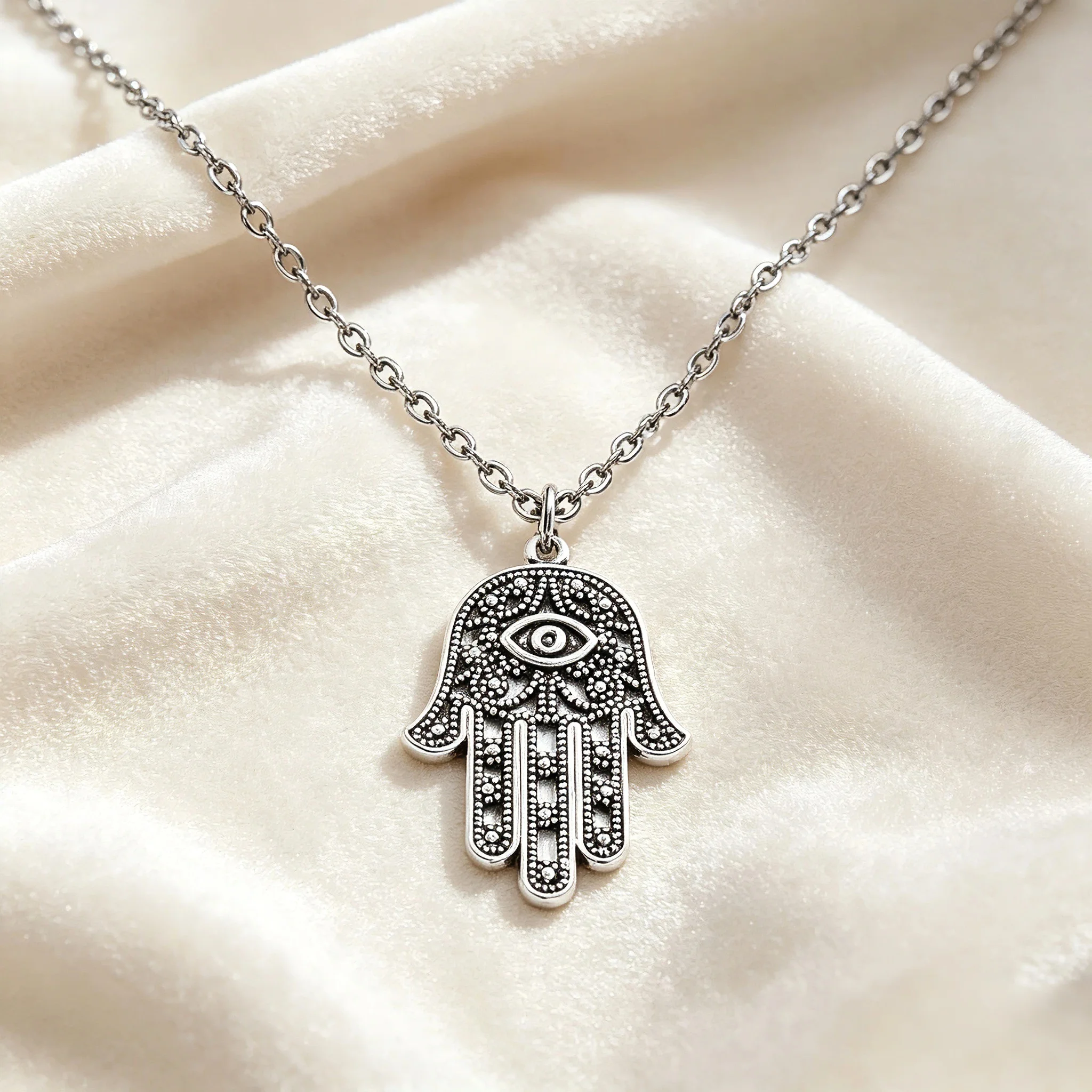 Vintage Hamsa Hand der Fatima Anhänger Halskette Retro Böses Auge – Bild 3