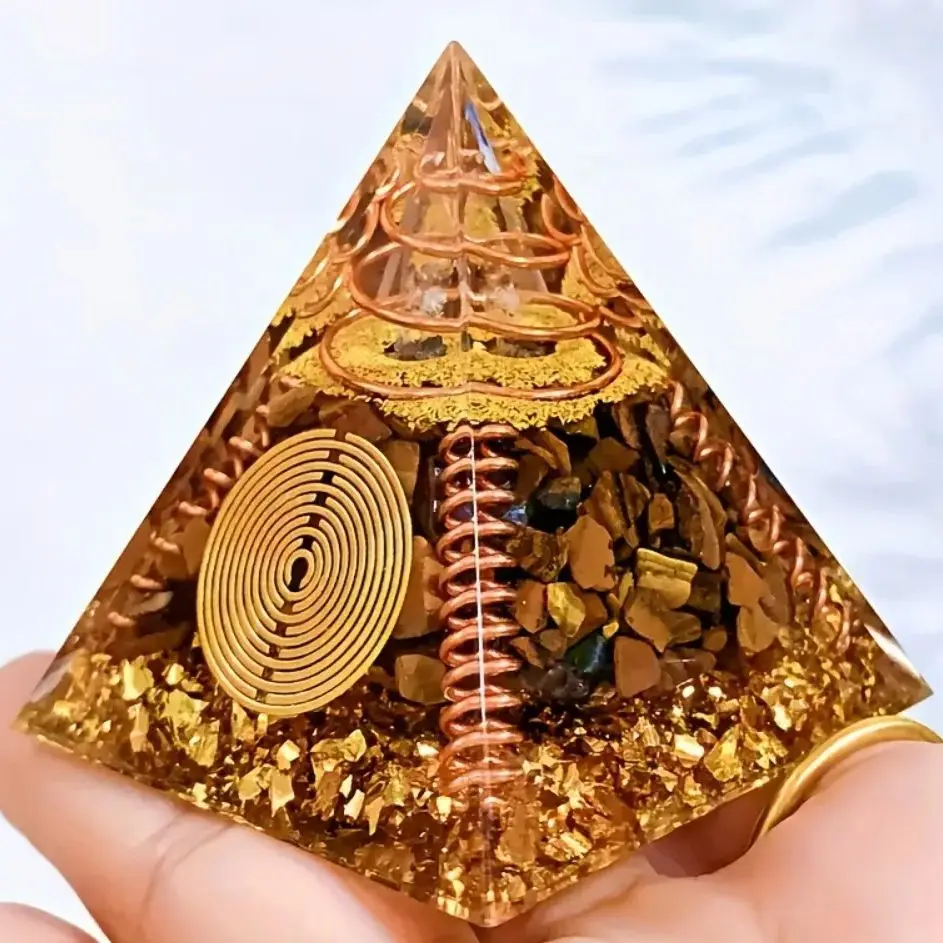 Kristall-Chakra-Orgonit-Pyramide mit Tigerauge-Stein, Kupferspirale – Bild 3