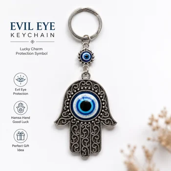 Hamsa-Hand Schlüsselanhänger mit Böser-Blick-Charm, Vintage Schutzamulett, Schlüsselring, Glücksanhänger