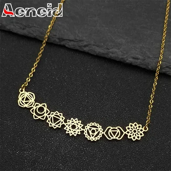 Yoga 7-Chakra-Geburtsblumen-Anhänger-Halskette für Frauen und Mädchen, Edelstahl, goldfarben, Reiki-Amulett